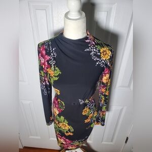 Clover and Sloane Long Sleeve Ruched Neck And Waist Lined Floral Pencil Dress